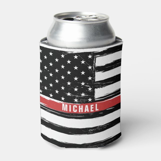 Thin Red Line Firefighter Flag Grunge Personalise Can Cooler (Can Front)