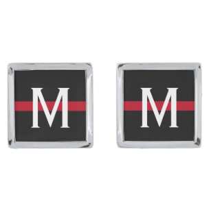 Thin Red Line Firefighter Monogrammed Silver Finish Cufflinks