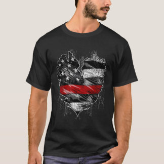 Thin Red Line Fireman American Flag Heart Firefigh T-Shirt