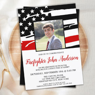 Thin Red Line Fireman Photo Firefighter Graduation Invitation