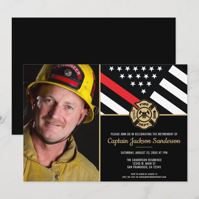 Thin Red Line Fireman Photo Firefighter Retirement Invitation (Front/Back)