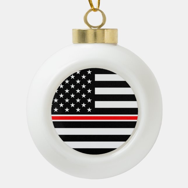 Thin Red Line Flag: Firefighter Hero Memorial Ceramic Ball Christmas Ornament (Front)