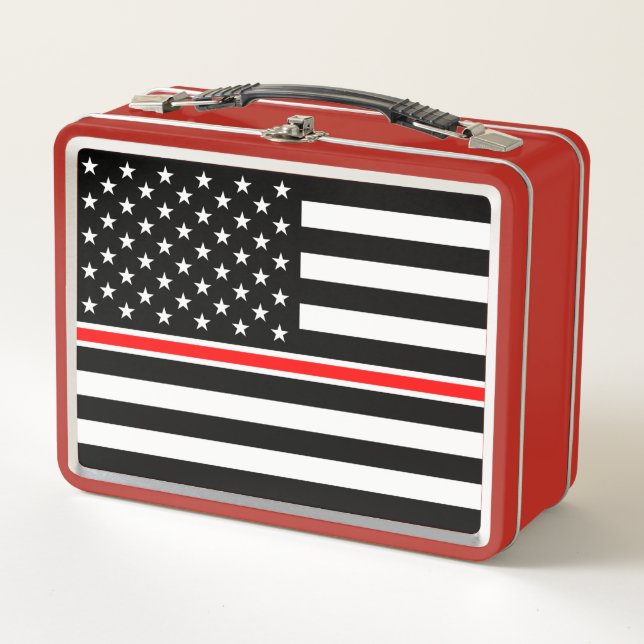 Thin Red Line Flag: Firefighter Hero Memorial Metal Lunch Box (Front)