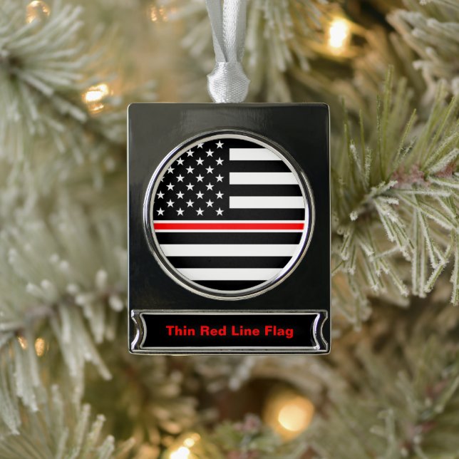 Thin Red Line Flag: Firefighter Hero Memorial Silver Plated Banner Ornament (Tree)