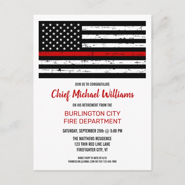 Thin Red Line Flag Fireman Firefighter Retirement Invitation Postcard (Front)