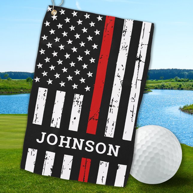 Thin Red Line Flag Personalised Name Firefighter Golf Towel (Creator Uploaded)