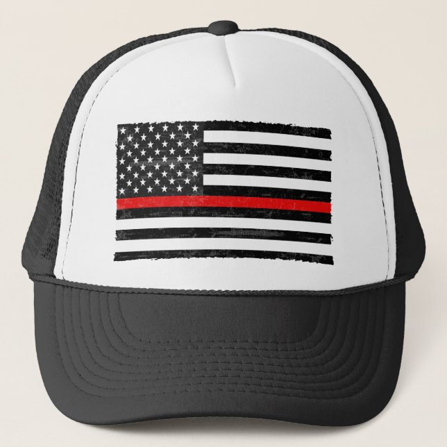 Thin Red Line Grungy American Flag Trucker Hat (Front)