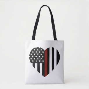 Thin Red Line Heart Shaped American Flag Tote Bag