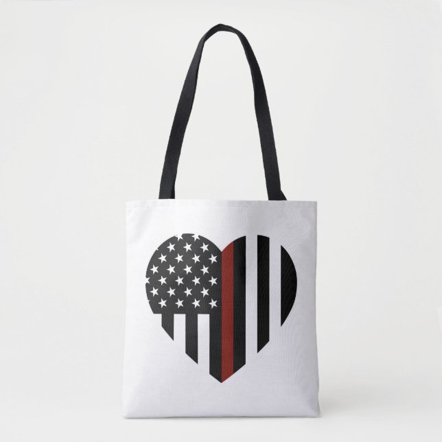 Thin Red Line Heart Shaped American Flag Tote Bag (Front)