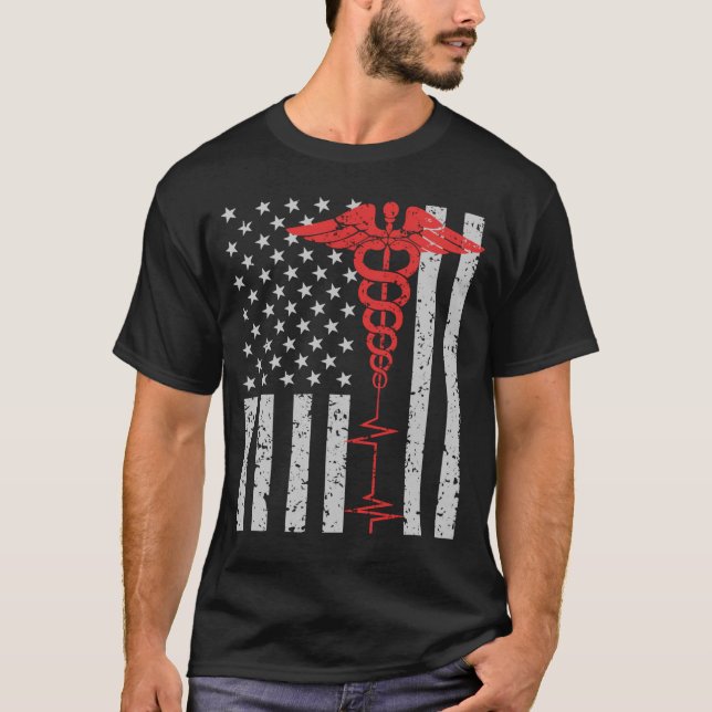 Thin Red Line Nurse Caduceus American Flag T-Shirt (Front)