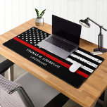 Thin Red Line Personalised Firefighter Desk Mat<br><div class="desc">Thin Red Line Firefighter Desk Mat - American flag in Firefighter Flag colours, vintage black and red design . Personalise with firefighter name and rank. This personalised firefighter desk mat is perfect for fire departments and fire service and fireman . COPYRIGHT © 2023 Judy Burrows, Black Dog Art - All...</div>