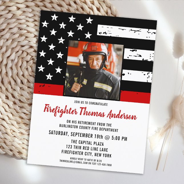 Thin Red Line Photo Firefighter Retirement Party Invitation Postcard (Creator Uploaded)