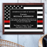 Thin Red Line Retirement Anniversary Firefighter  Award Plaque<br><div class="desc">Celebrate and show your appreciation to an outstanding Firefighter with this Thin Red Line Award - American flag design in Firefighter Flag colours , distressed design. Personalise this firefighter retirement award with fireman name, text with fire department , fire station, name and community, and date of retirement. This thin red...</div>