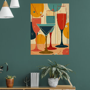 Thin Stemmed Wine And Cocktail Glasses Retro Desig Poster