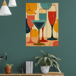 Thin Stemmed Wine And Cocktail Glasses Retro Desig Poster