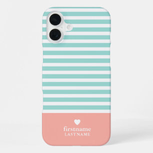 Thin Stripes Upscale Heart Monogram teal peach iPhone 16 Plus Case