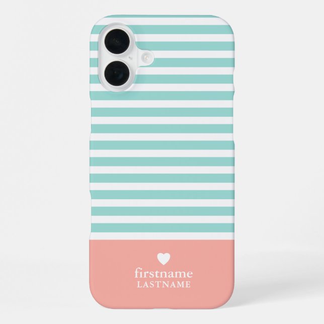 Thin Stripes Upscale Heart Monogram teal peach iPhone Case (Back)