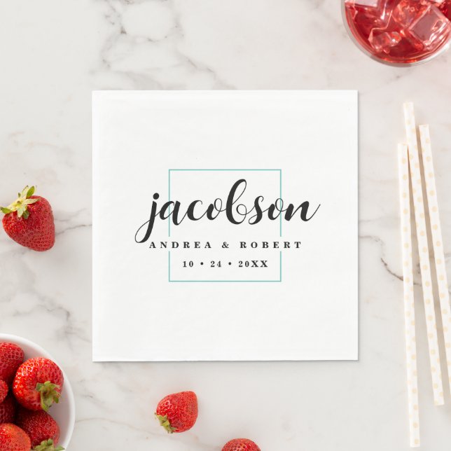 Thin Teal Border Napkins with Surname (Insitu)