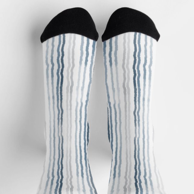 Thin Watercolor Stripes, Slate Blue, Gray on White Socks (Top)