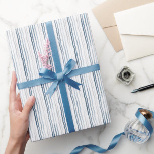 Thin Watercolor Stripes, Slate Blue, Gray on White Wrapping Paper