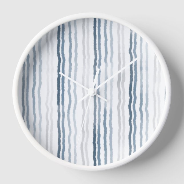 Thin Watercolor Stripes, Slate Blue, Gray, White Clock (Front)