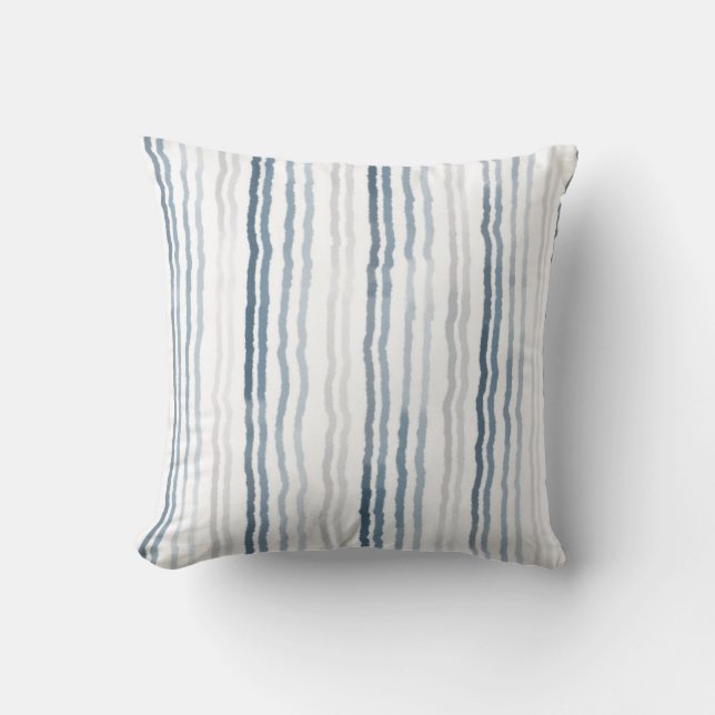 Thin Watercolor Stripes, Slate Blue, Gray, White Cushion (Front)