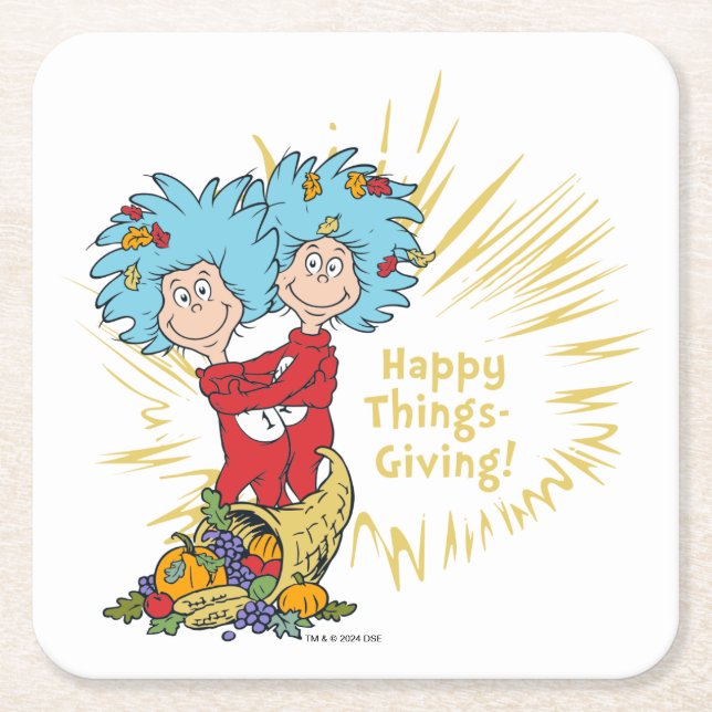 Thing One Thing Two Happy Things-Giving! Square Paper Coaster (Front)