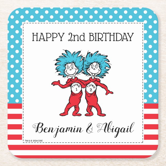 Thing One Thing Two | Twins Birthday Square Paper Coaster (Front)