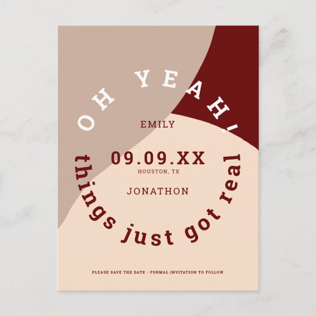 Things Got Real Shape Burgundy Cream Save The Date Announcement Postcard (Front)