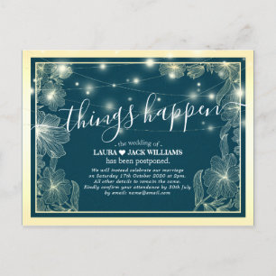 Things Happen Wedding Postponement Gold Flowers Announcement Postcard