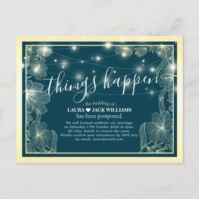 Things Happen Wedding Postponement Gold Flowers Announcement Postcard (Front)