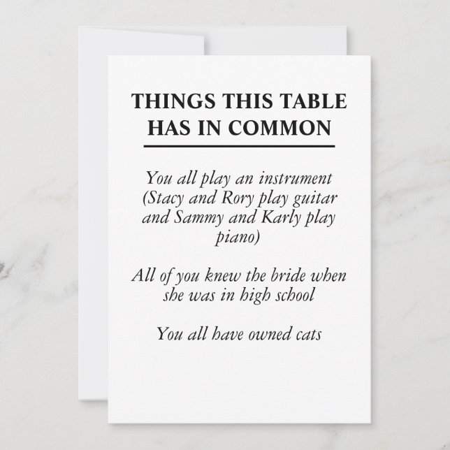 Things The Table Has In Common Wedding Signs (Front)