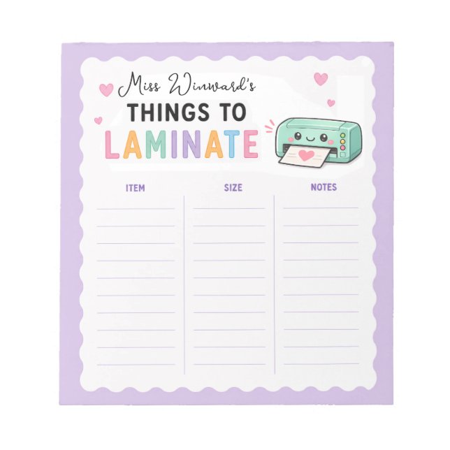 Things to Laminate Teacher Planner Notepad (Front)
