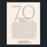 Things We Love About You 70 Poster | Personalised<br><div class="desc">Honour 70 wonderful years with this meaningful “Things We Love About You – 70” Birthday Poster. Designed as a heartfelt tribute, this poster highlights special qualities, memories, and reasons why your loved one means so much. Perfect for parents, grandparents, spouses, or friends, this thoughtful keepsake makes a beautiful centerpiece for...</div>