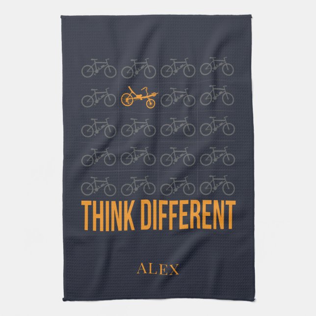 Think Different Recumbent Biker Cycle Personalised Tea Towel (Vertical)