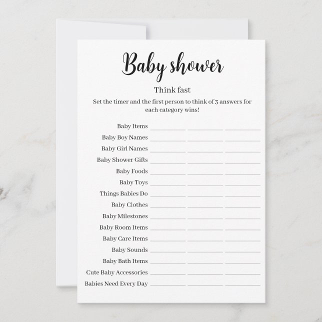 Think Fast Baby Shower Game, Baby Shower Printable Invitation (Front)