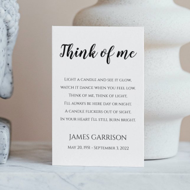 Think Of Me Celebration of Life Memorial Candle Place Card (Creator Uploaded)
