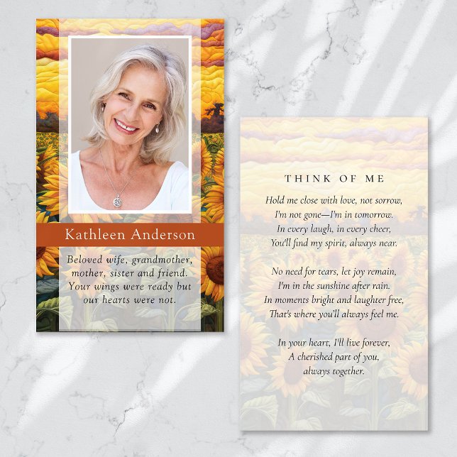 Think of Me Quilted Sunflowers Memorial Card (Creator Uploaded)