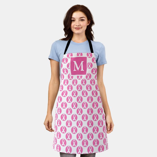 Think Pink Breast Cancer Awareness Ribbon Monogram Apron (Worn)