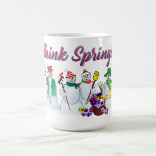 Think Spring snowmen with pansies Mug