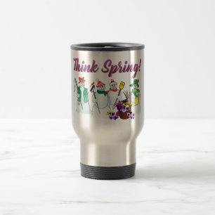 Think Spring snowmen with pansies travel mug