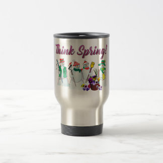 Think Spring snowmen with pansies travel mug
