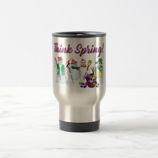 Think Spring snowmen with pansies travel mug (Center)