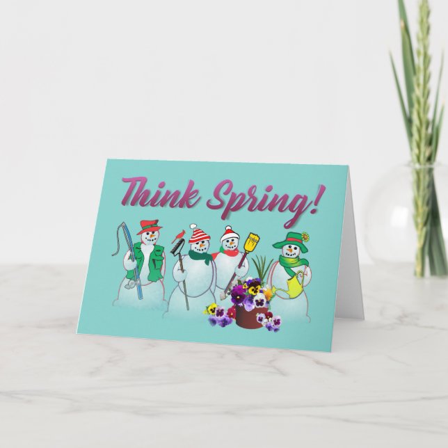 Think Spring with snowmen and pansies greeting Card (Front)