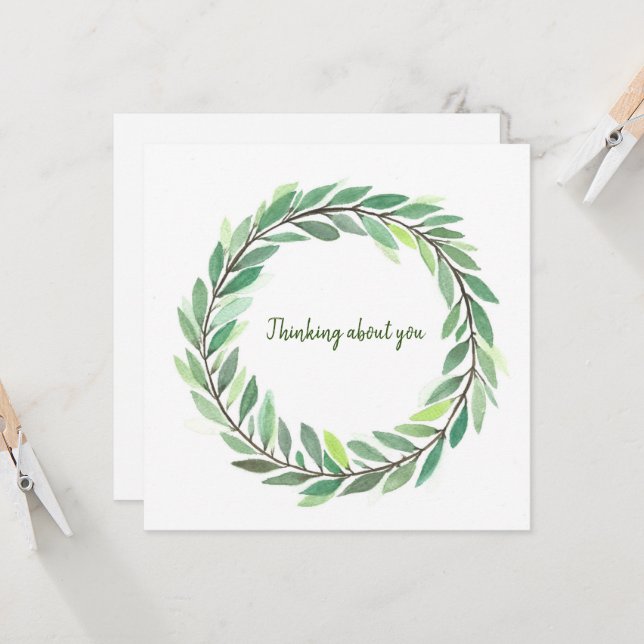 Thinking About You card green leaf wreath (Front/Back In Situ)