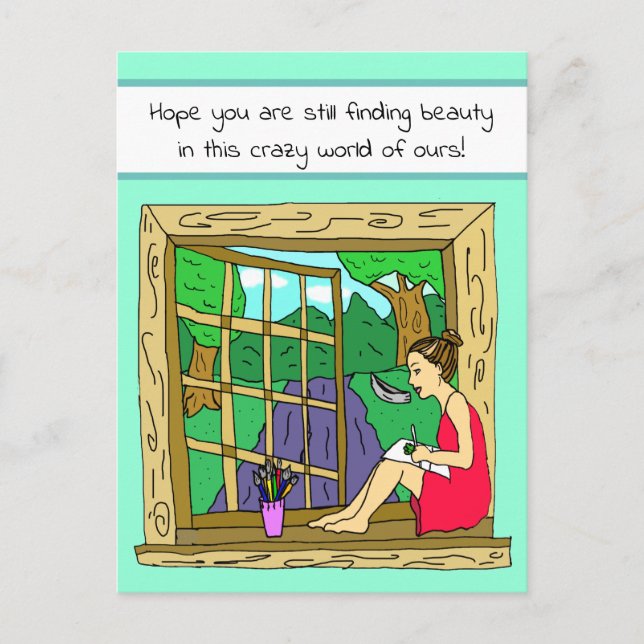 Thinking about you Hand Drawn Cartoon Lady Drawing Postcard (Front)