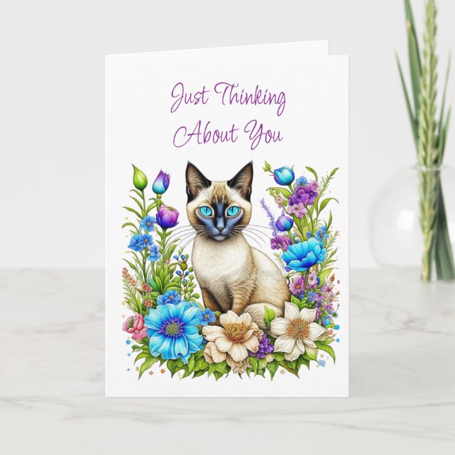 Thinking About You | Siamese Cat in Flowers  Card (Front)