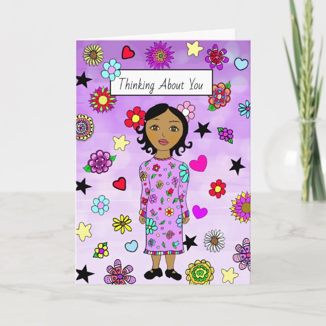 Thinking About You Whimsical Lady with Flowers Card (Front)