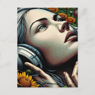 Thinking About You   Woman with Headphones Postcard
