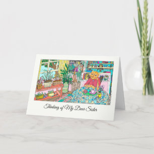 Thinking of My Dear Sister with Cat at Table Card